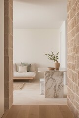 This is a photo of a room with a marble table, a vase with green leaves, and a couch in the distance. The floor is white and the walls are beige.

