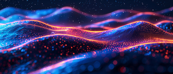 Cyber big data flow. Blockchain data fields. Network line connect stream. Concept of AI technology, digital communication, science research, 3D illustration music waves