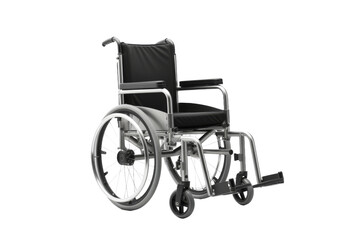 Fototapeta premium A Silver Wheelchair With Black Upholstery Ready to Roll on a Clear PNG or White Background.