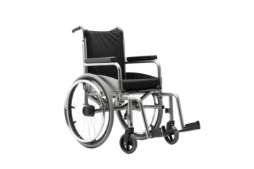 A Silver Wheelchair With Black Upholstery Ready to Roll on a Clear PNG or White Background.