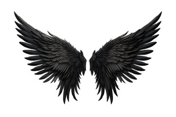 Fototapeta premium Majestic Black Angel Wings Spread Wide Against a Pristine White Background on a Clear PNG or White Background.