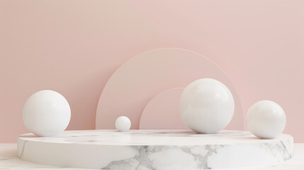 Fototapeta premium Elegant and minimalistic display featuring white spheres on a marble platform, set against a soft pink background with simple architectural elements.