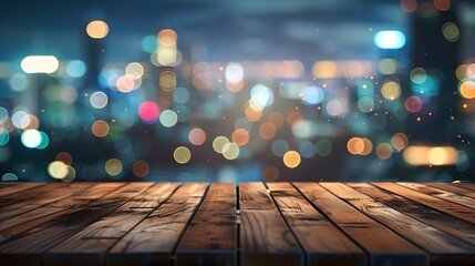 Blank empty wooden bar tabletop focused with blurry bokeh light of city scape, building view background, for mock up and montage product display advertisement, with Generative AI.