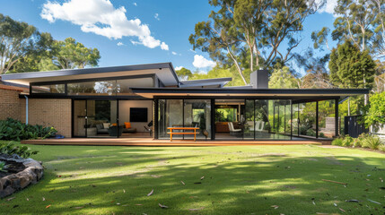 Fototapeta premium A modern house with floor-to-ceiling windows and an expansive outdoor lawn, set amidst a lush landscape of tall trees and vibrant foliage.