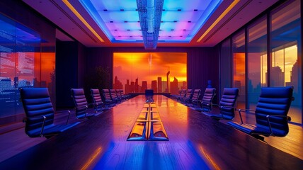 Modern Conference Room at Sunset with City Skyline View
