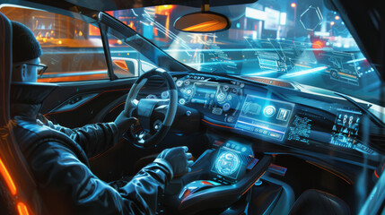A driver navigates a high-tech vehicle at night, surrounded by glowing digital interfaces and city lights, in a scene reminiscent of contemporary science fiction.