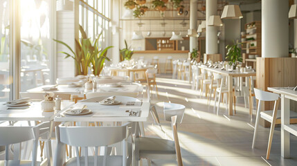 A bright, modern restaurant bathed in sunlight, featuring sleek white tables and chairs, greenery, and an inviting atmosphere.