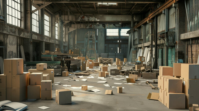 A gritty, industrial warehouse scene with scattered cardboard boxes and construction materials, invoking a raw, unfinished look under harsh lighting.
