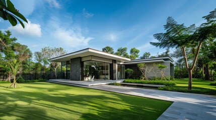 A modern, minimalist home with large glass windows is set amidst lush green landscaping and under a bright blue sky.