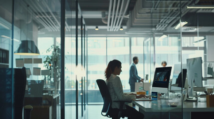 Fototapeta premium A focused female professional works at her computer in a modern, glass-walled office, with colleagues collaborating in the background.
