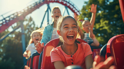 A group of children on a red roller coaster, bursting into laughter and excitement as they enjoy the thrilling ride under a sunny sky.