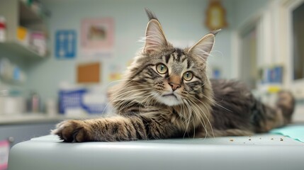 grey maine coon cat on the table at vet's surgery waiting for checkup