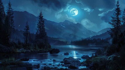 Dark forest at night with a river and mountains under a moonlit sky