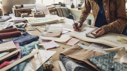 Close-up of a designer carefully working with fabric swatches and color samples on a cluttered workspace, exhibiting dedication and creativity.