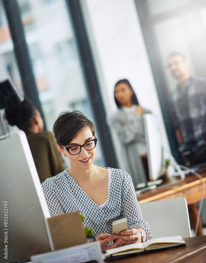 Poster phone, typing and happy woman in office checking online chat, research and networking on social medi