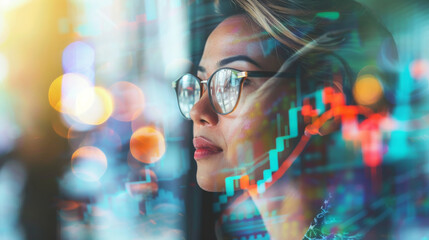 A thoughtful woman with glasses reflects through transparent glass, overlaid with dynamic financial graphs and data visualization.