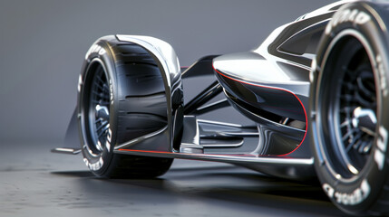 A sleek, futuristic racing car shines under bright studio lights, showcasing its aerodynamic form and modern engineering with a focus on speed and precision.