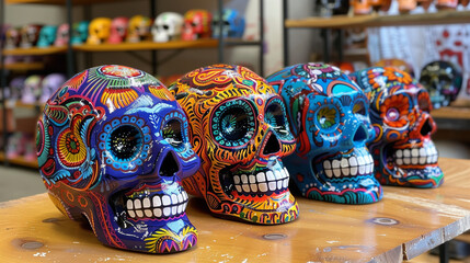 Brightly colored sugar skulls arranged on a table, intricate designs, Dia de los Muertos, art, tradition, festival, day of dead, 