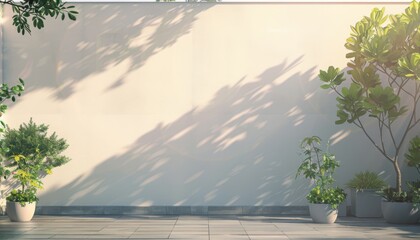 Empty large wall of balcony or roof terrace with potted plants in minimal style.