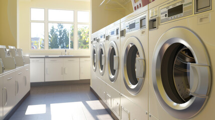 A line of pristine white washing machines in a bright, spotless laundromat, showcasing a modern and clean setting.