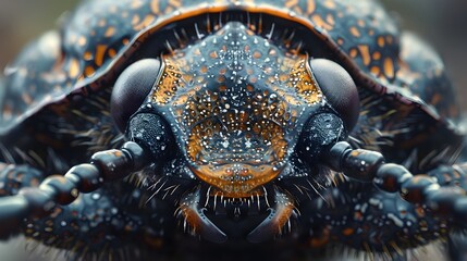 Captivating Close-Up of Dung Beetle's Intricate Carapace and Reflective Eyes in Naturalistic Rendering