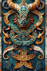 Fototapeta premium Breathtaking Viking Art Pattern with Ornate Interlocking Designs,Mythological Creatures,and Runic Imagery