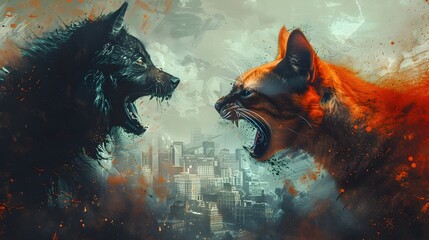 Fototapeta premium Furious Anthropomorphic Dog and Angry Cat Engaged in Chaotic Street Battle with Dramatic Expressionist Cityscape