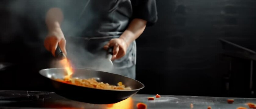 a chef cooking fried rice in the kitchen with wok