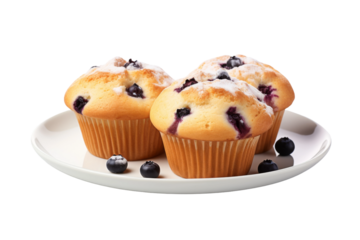 A Trio of Blueberry Muffins Garnished With Powdered Sugar on a White Plate on a Clear PNG or White Background.