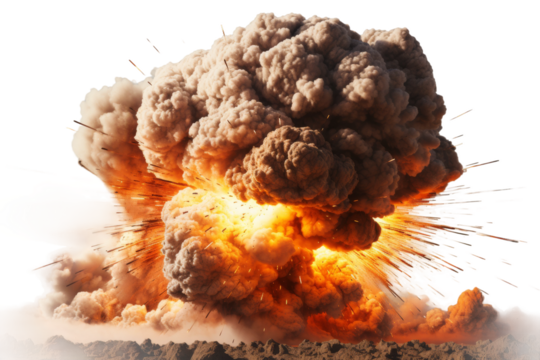 A Dramatic Explosion With Fiery Smoke and Debris on a Clear PNG or White Background.