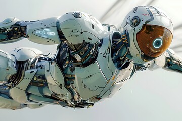 Fototapeta premium Sleek Titanium Robot Football Player Leaping for Graceful Header in Verdant Eco-Dome Setting