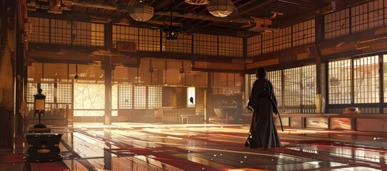 Focused Samurai Woman in Sunlit Dojo
