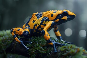 Fototapeta premium Vibrant Golden Poison Frog Glistening in Lush Rainforest Canopy with Mossy Branch
