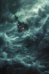 Vessel Engulfed by Churning Emerald Waves in Ominous Bermuda Triangle Storm