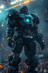 Fototapeta premium Towering Humanoid Robot Dominates the Midfield in Massive Outdoor Stadium with Cheering Fans