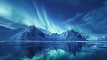 Naklejka premium a stunning Arctic landscape under the mesmerizing Northern Lights, or Aurora Borealis. Snow-covered mountains rise majestically against a starry night sky - AI Generated Digital Art