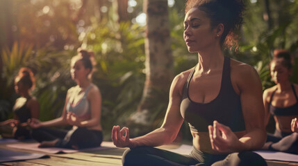 A group of individuals meditating in a serene forest setting, the golden sunlight filtering through the trees, creating a harmonious and peaceful atmosphere.