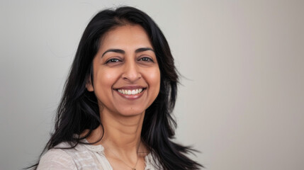 Fototapeta premium A woman with a bright smile and long black hair wearing a beige top, standing against a light background, projecting warmth and positivity.