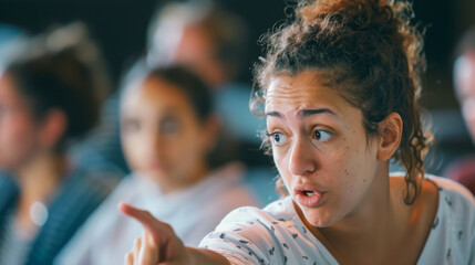 A young woman passionately makes a point, her expression animated and intense, suggesting a lively discussion or debate in a classroom setting.
