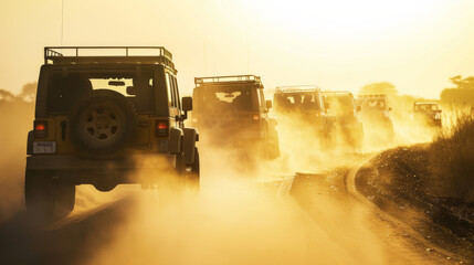 Several off-road vehicles drive through a dusty path bathed in golden sunset light, symbolizing adventure, resilience, and the road less traveled.
