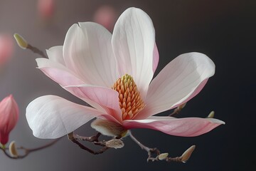 Realistic portrait photo macro shot, of  botanical white pink magnolia flower with dark background,...