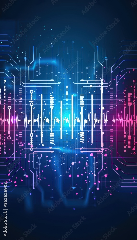 Poster Abstract futuristic digital background with neon lines and circuit patterns, representing technology, data, and communication innovation.