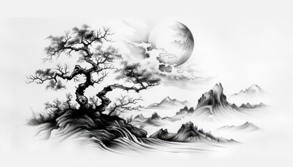 Black and white traditional Chinese ink painting of a serene landscape featuring a twisted tree, mountains, and a moonlit sky.