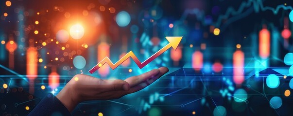 Business growth concept with a rising arrow graph in a futuristic background, depicting success, investment, and financial achievement.