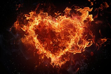 Burning heart made of flames on a dark background, symbolizing passion, love, and fiery emotions in an artistic and dramatic representation.
