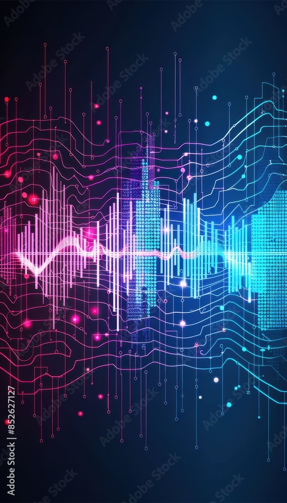 Poster colorful abstract digital soundwave representation with futuristic data visualization on a dark grad