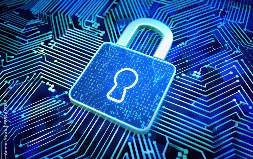 Leinwandbilder cybersecurity concept with glowing padlock on circuit board background, representing digital securit