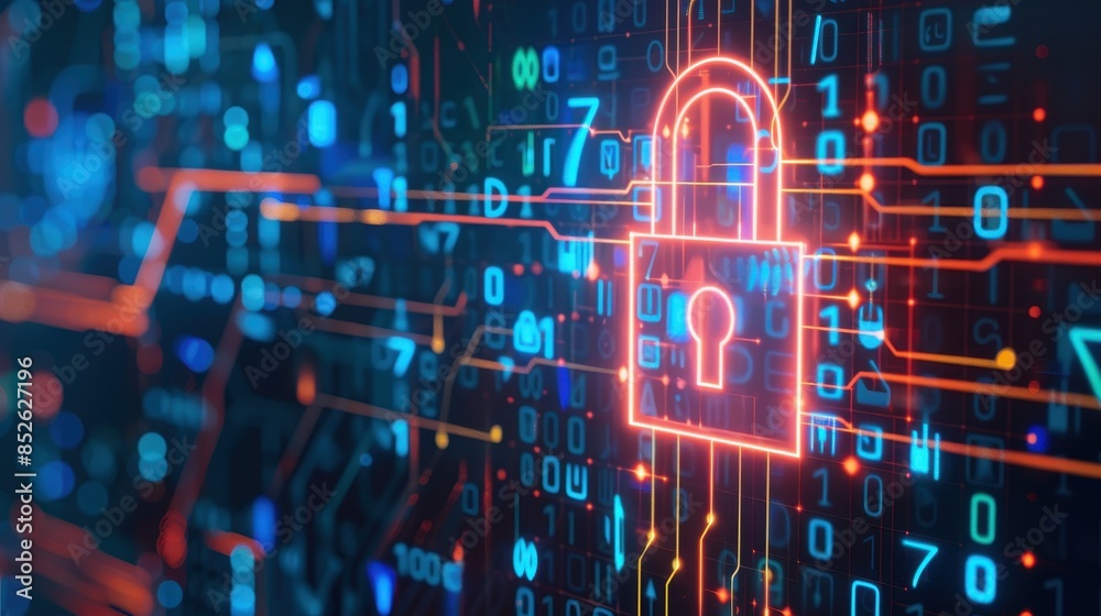 Poster Cybersecurity concept with glowing lock and digital interface, symbolizing data protection and technology safety in a connected world.