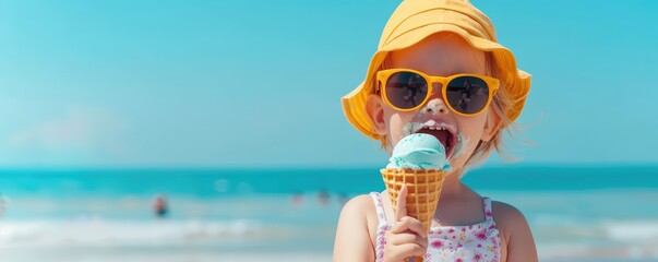 Cute child enjoying an ice cream cone on the beach. Vibrant summer day with ocean and blue sky in the background. Sunglasses and yellow hat.