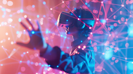 Person immersed in a virtual reality experience, wearing a VR headset, with colorful neon lights and abstract network connections surrounding them.